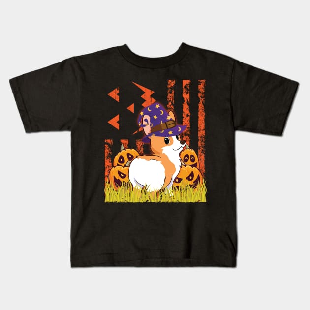 Corgi Dog Witch Dancing Around Pumpkins In front Of Halloween US Flag Dog Dad Mom Kids T-Shirt by tieushop091